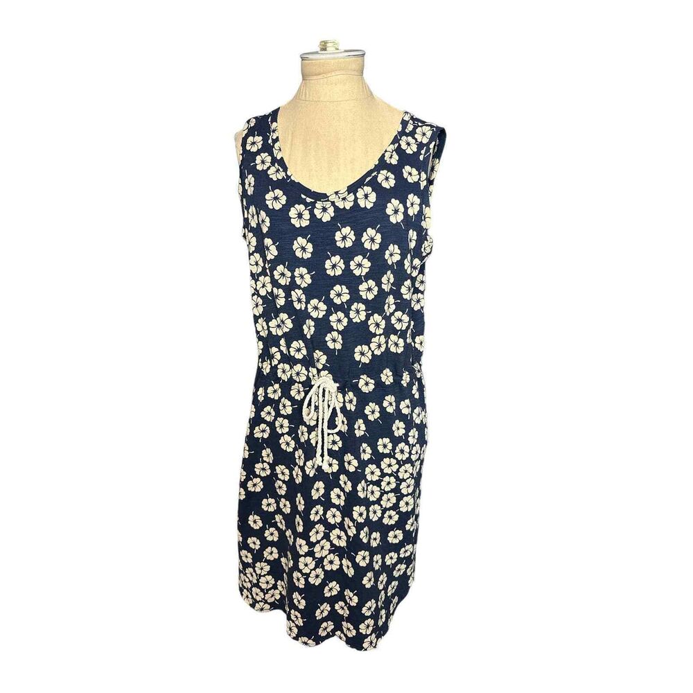 Land's End Navy Floral Tee Shirt Dress Waist Tie 6-8 Size Small